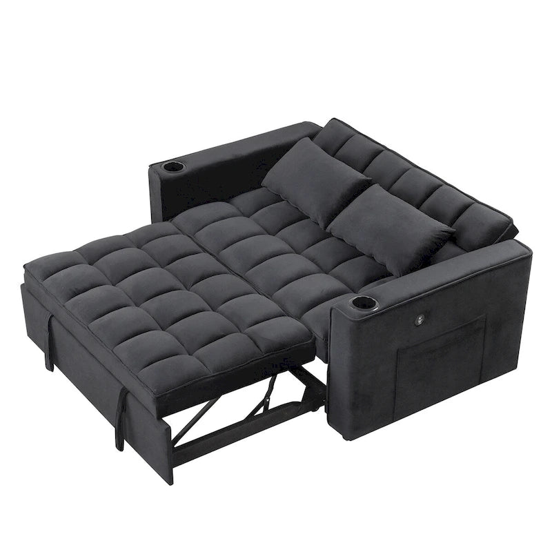 Canapé-lit convertible 2 places en velours rose / blanc crème / noir / gris avec porte-gobelets et port USB