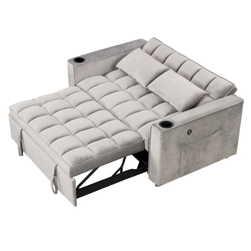Canapé-lit convertible 2 places en velours rose / blanc crème / noir / gris avec porte-gobelets et port USB