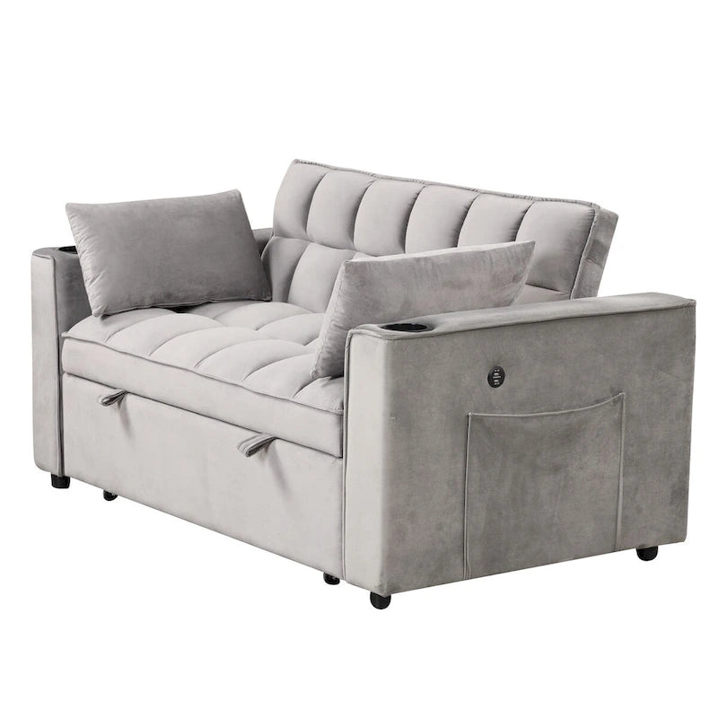 Canapé-lit convertible 2 places en velours rose / blanc crème / noir / gris avec porte-gobelets et port USB