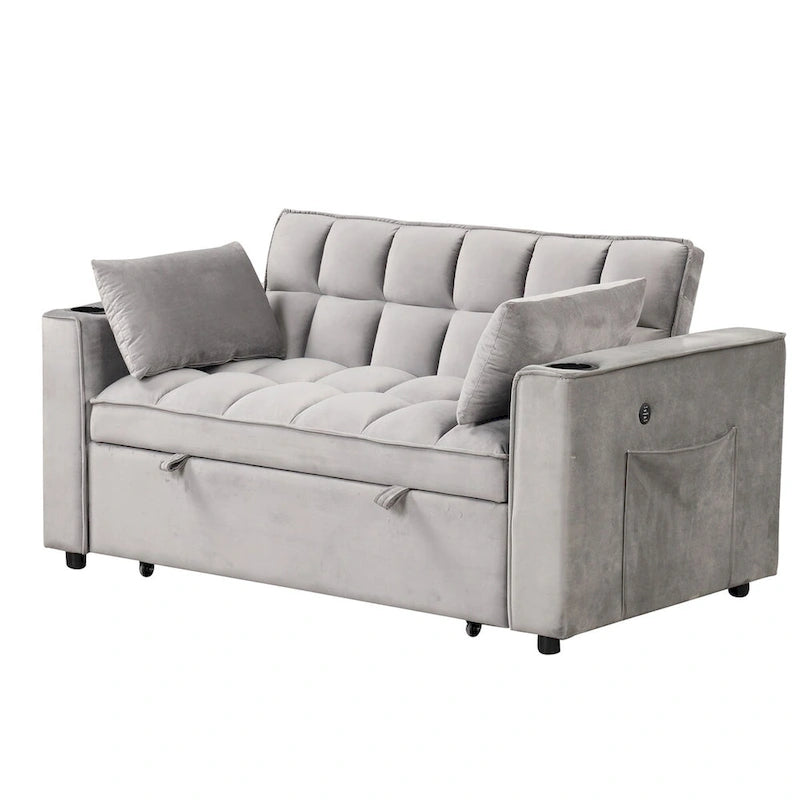 Canapé-lit convertible 2 places en velours rose / blanc crème / noir / gris avec porte-gobelets et port USB