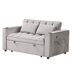 Canapé-lit convertible 2 places en velours rose / blanc crème / noir / gris avec porte-gobelets et port USB