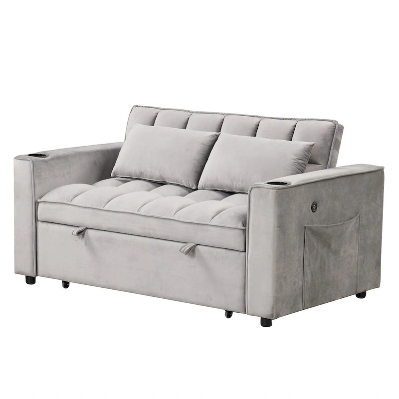Canapé-lit convertible 2 places en velours rose / blanc crème / noir / gris avec porte-gobelets et port USB