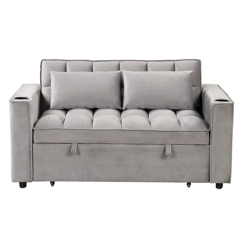 Canapé-lit convertible 2 places en velours rose / blanc crème / noir / gris avec porte-gobelets et port USB