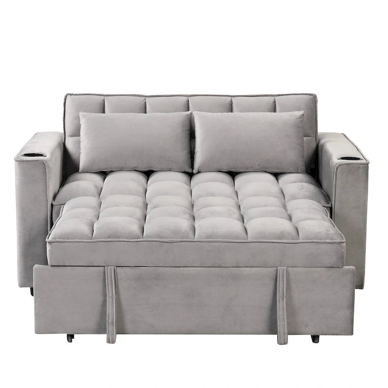 Canapé-lit convertible 2 places en velours rose / blanc crème / noir / gris avec porte-gobelets et port USB