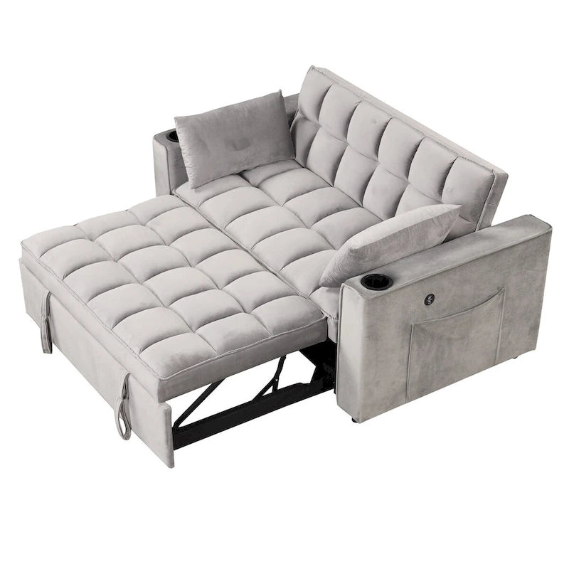 Canapé-lit convertible 2 places en velours rose / blanc crème / noir / gris avec porte-gobelets et port USB