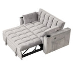 Canapé-lit convertible 2 places en velours rose / blanc crème / noir / gris avec porte-gobelets et port USB