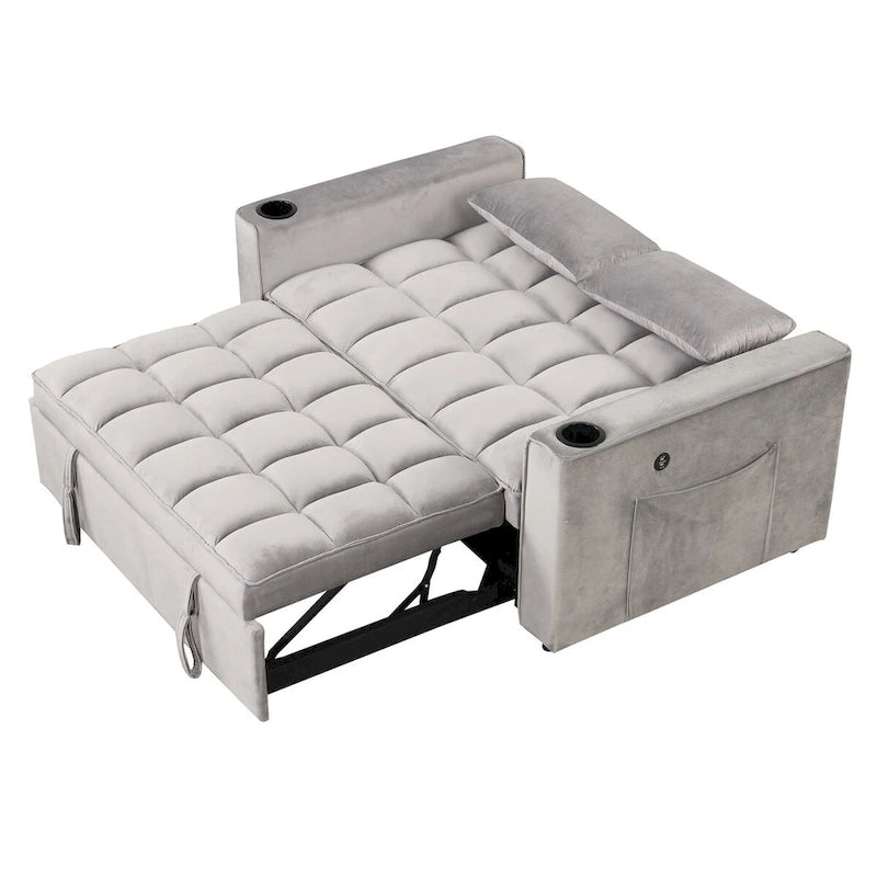 Canapé-lit convertible 2 places en velours rose / blanc crème / noir / gris avec porte-gobelets et port USB