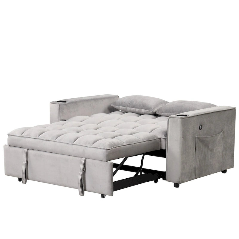 Canapé-lit convertible 2 places en velours rose / blanc crème / noir / gris avec porte-gobelets et port USB