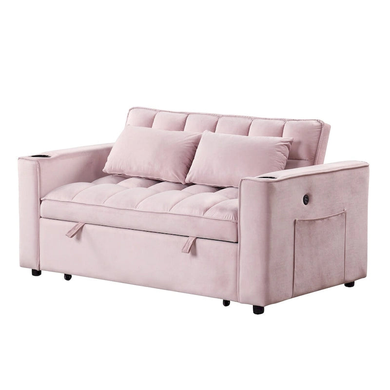 Canapé-lit convertible 2 places en velours rose / blanc crème / noir / gris avec porte-gobelets et port USB
