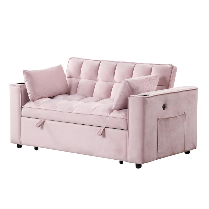 Canapé-lit convertible 2 places en velours rose / blanc crème / noir / gris avec porte-gobelets et port USB