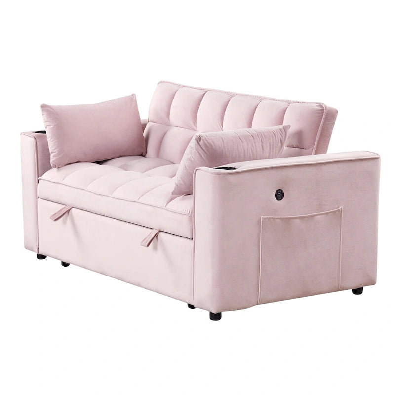 Canapé-lit convertible 2 places en velours rose / blanc crème / noir / gris avec porte-gobelets et port USB