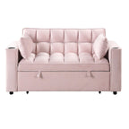 Canapé-lit convertible 2 places en velours rose / blanc crème / noir / gris avec porte-gobelets et port USB