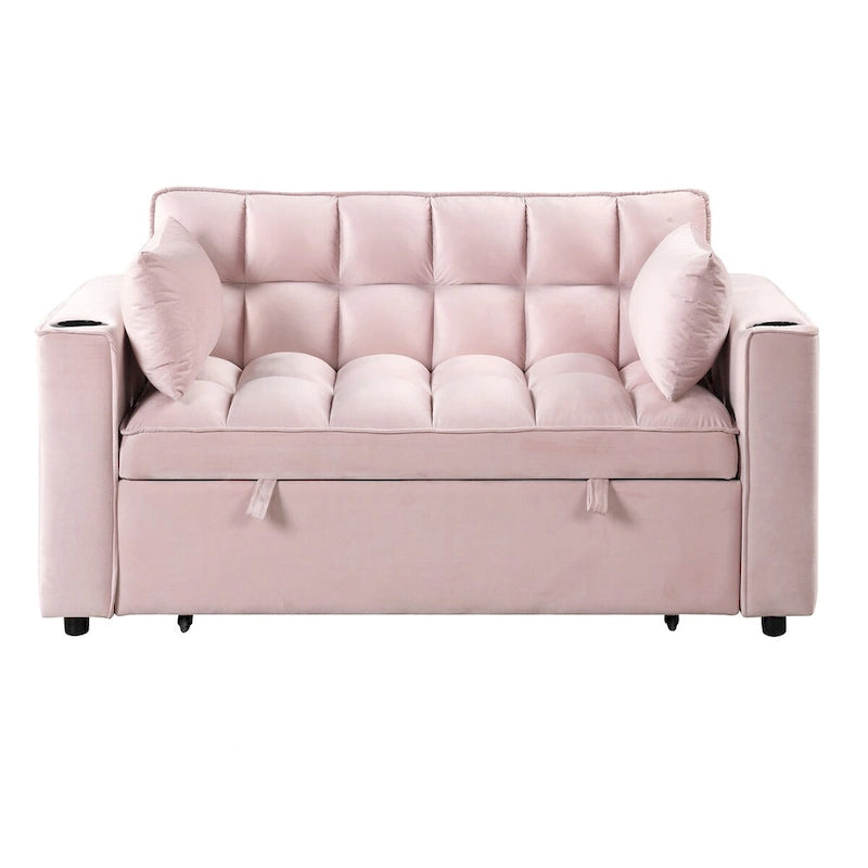 Canapé-lit convertible 2 places en velours rose / blanc crème / noir / gris avec porte-gobelets et port USB