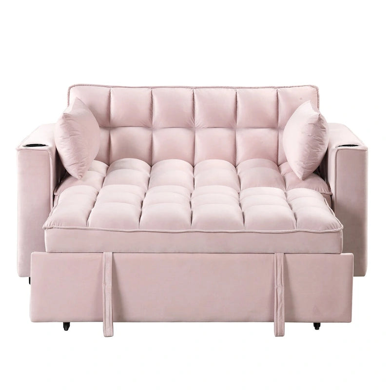 Canapé-lit convertible 2 places en velours rose / blanc crème / noir / gris avec porte-gobelets et port USB