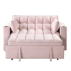 Canapé-lit convertible 2 places en velours rose / blanc crème / noir / gris avec porte-gobelets et port USB