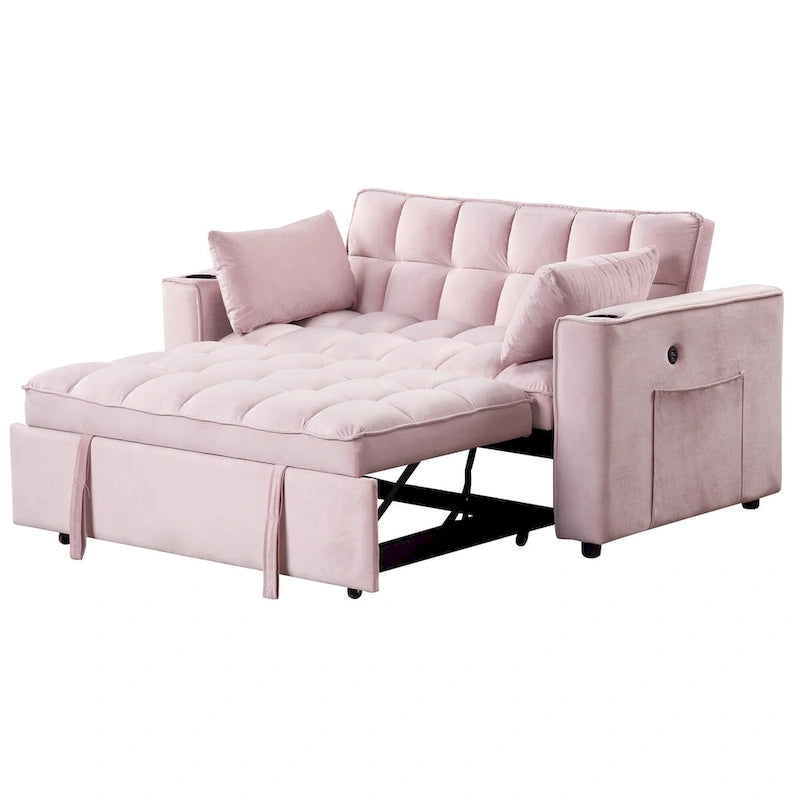 Canapé-lit convertible 2 places en velours rose / blanc crème / noir / gris avec porte-gobelets et port USB