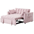 Canapé-lit convertible 2 places en velours rose / blanc crème / noir / gris avec porte-gobelets et port USB