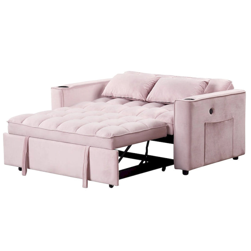 Canapé-lit convertible 2 places en velours rose / blanc crème / noir / gris avec porte-gobelets et port USB