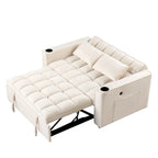 Canapé-lit convertible 2 places en velours rose / blanc crème / noir / gris avec porte-gobelets et port USB