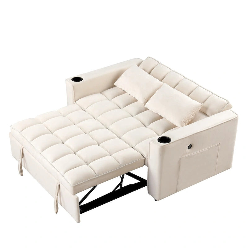 Canapé-lit convertible 2 places en velours rose / blanc crème / noir / gris avec porte-gobelets et port USB