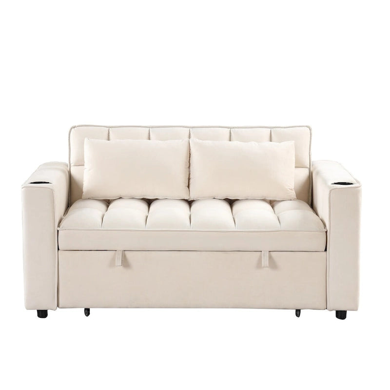 Canapé-lit convertible 2 places en velours rose / blanc crème / noir / gris avec porte-gobelets et port USB