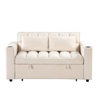 Canapé-lit convertible 2 places en velours rose / blanc crème / noir / gris avec porte-gobelets et port USB
