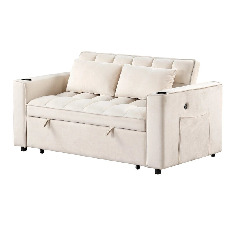 Canapé-lit convertible 2 places en velours rose / blanc crème / noir / gris avec porte-gobelets et port USB