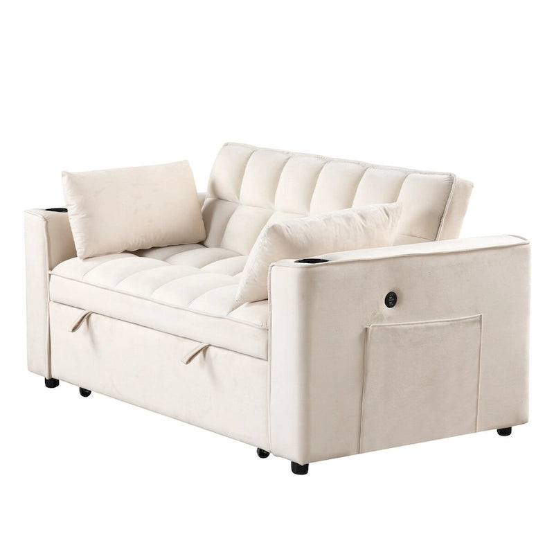 Canapé-lit convertible 2 places en velours rose / blanc crème / noir / gris avec porte-gobelets et port USB