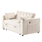 Canapé-lit convertible 2 places en velours rose / blanc crème / noir / gris avec porte-gobelets et port USB