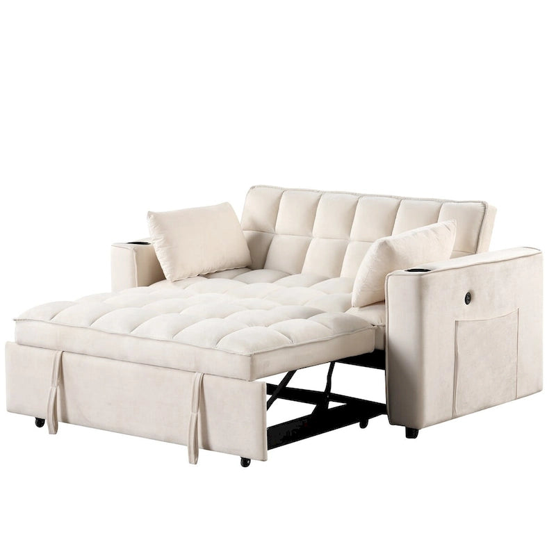 Canapé-lit convertible 2 places en velours rose / blanc crème / noir / gris avec porte-gobelets et port USB
