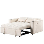 Canapé-lit convertible 2 places en velours rose / blanc crème / noir / gris avec porte-gobelets et port USB