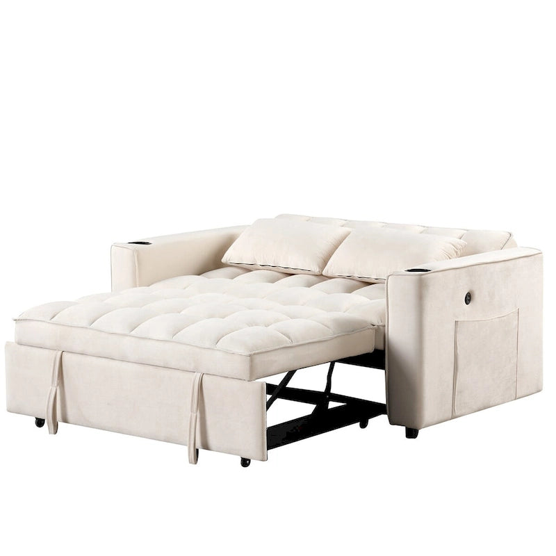 Canapé-lit convertible 2 places en velours rose / blanc crème / noir / gris avec porte-gobelets et port USB