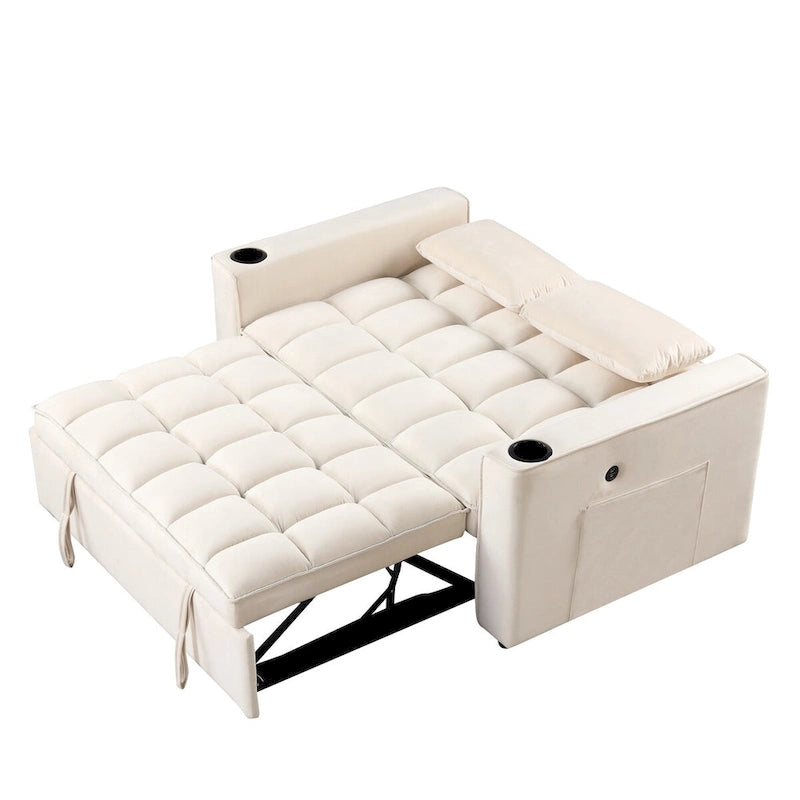 Canapé-lit convertible 2 places en velours rose / blanc crème / noir / gris avec porte-gobelets et port USB