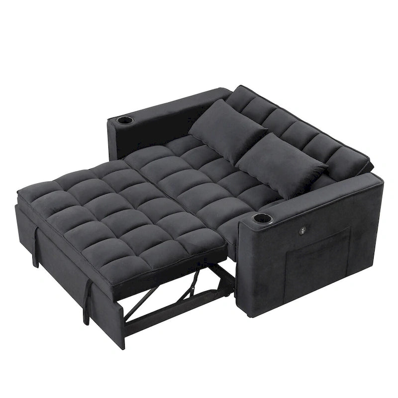 Canapé-lit convertible 2 places en velours rose / blanc crème / noir / gris avec porte-gobelets et port USB