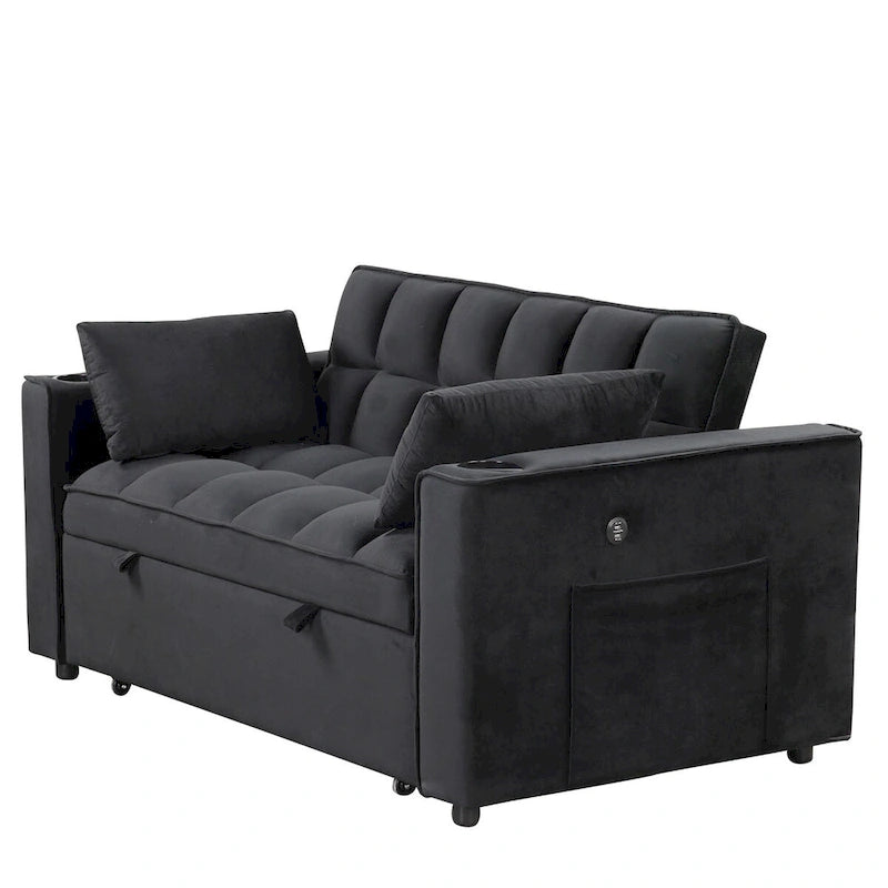 Canapé-lit convertible 2 places en velours rose / blanc crème / noir / gris avec porte-gobelets et port USB