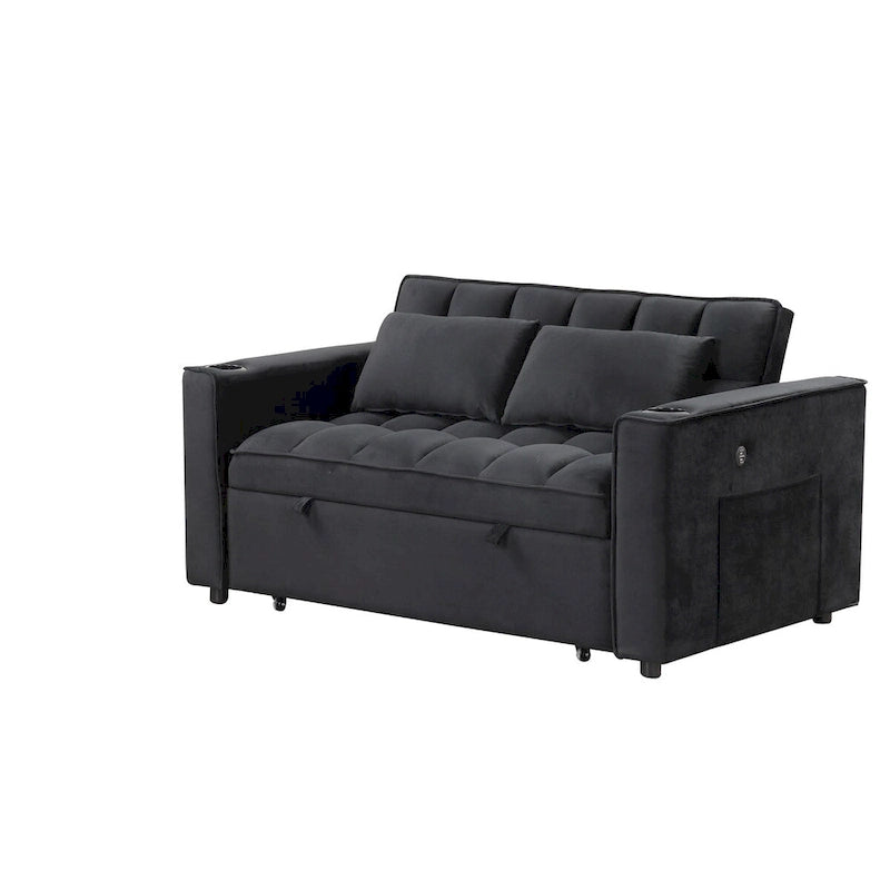 Canapé-lit convertible 2 places en velours rose / blanc crème / noir / gris avec porte-gobelets et port USB