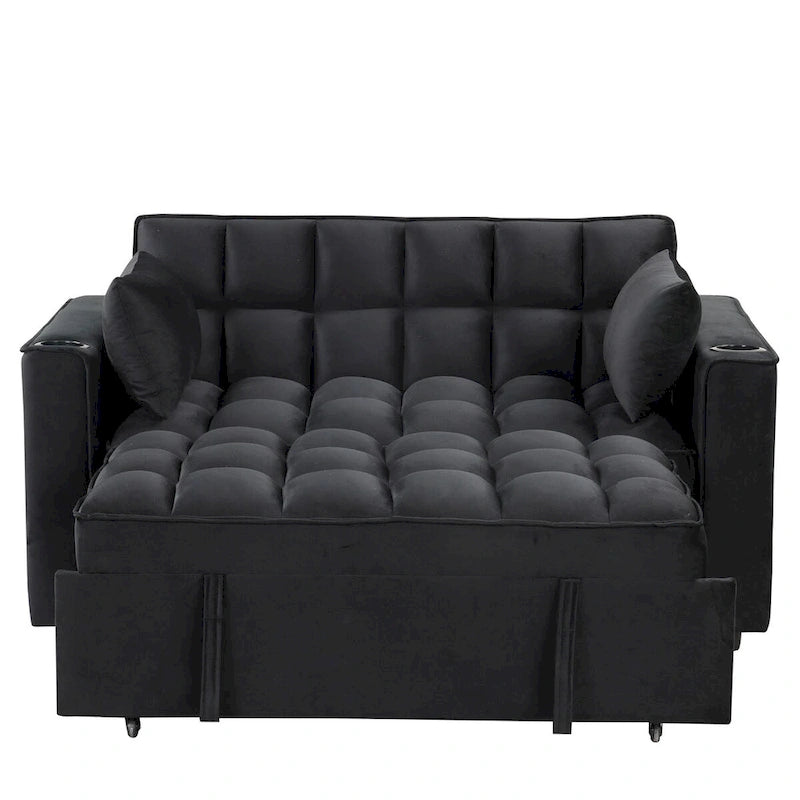 Canapé-lit convertible 2 places en velours rose / blanc crème / noir / gris avec porte-gobelets et port USB