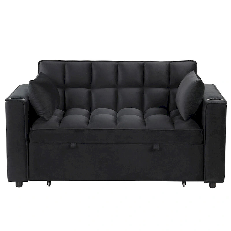Canapé-lit convertible 2 places en velours rose / blanc crème / noir / gris avec porte-gobelets et port USB