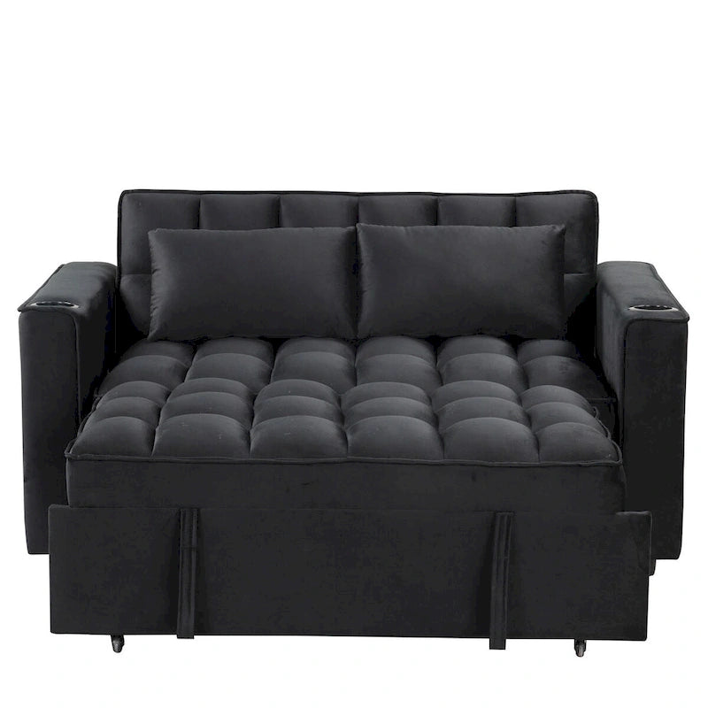 Canapé-lit convertible 2 places en velours rose / blanc crème / noir / gris avec porte-gobelets et port USB