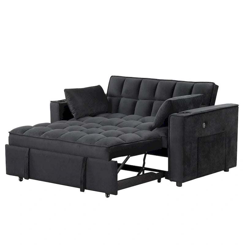 Canapé-lit convertible 2 places en velours rose / blanc crème / noir / gris avec porte-gobelets et port USB