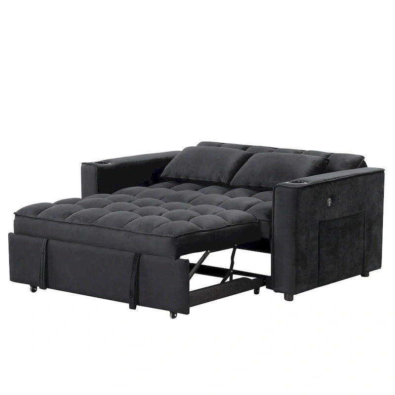 Canapé-lit convertible 2 places en velours rose / blanc crème / noir / gris avec porte-gobelets et port USB