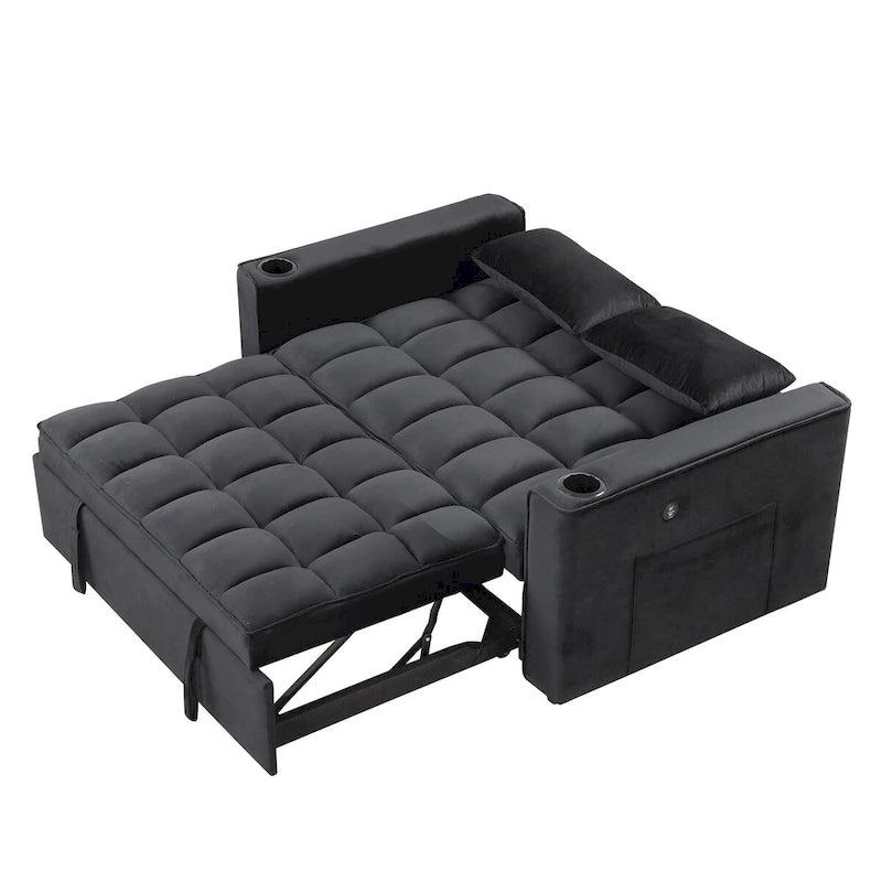 Canapé-lit convertible 2 places en velours rose / blanc crème / noir / gris avec porte-gobelets et port USB