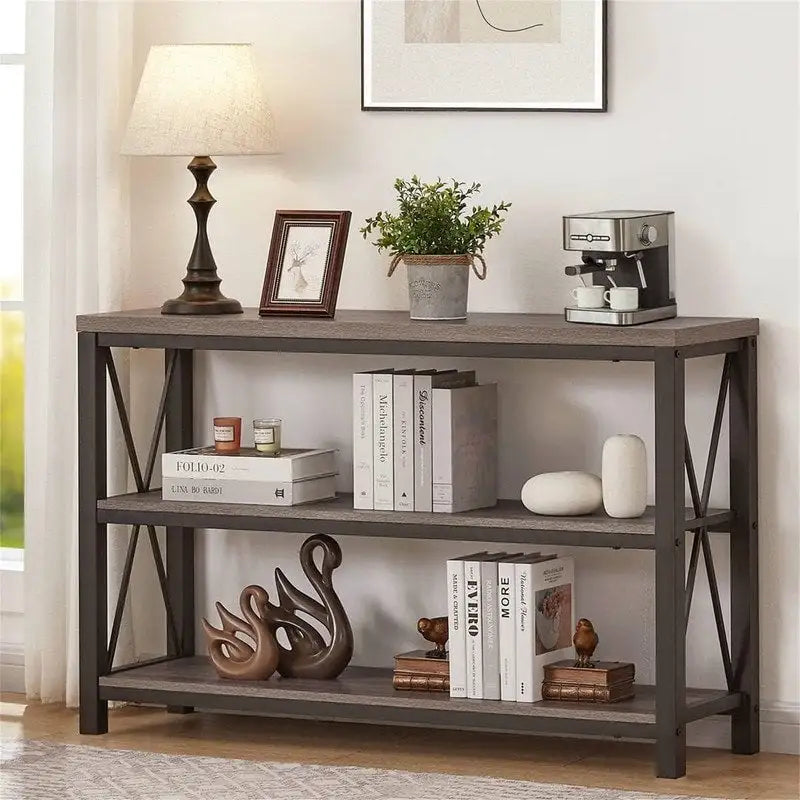 Console industrielle, chêne gris foncé / marron rustique, 3 étagères ouvertes