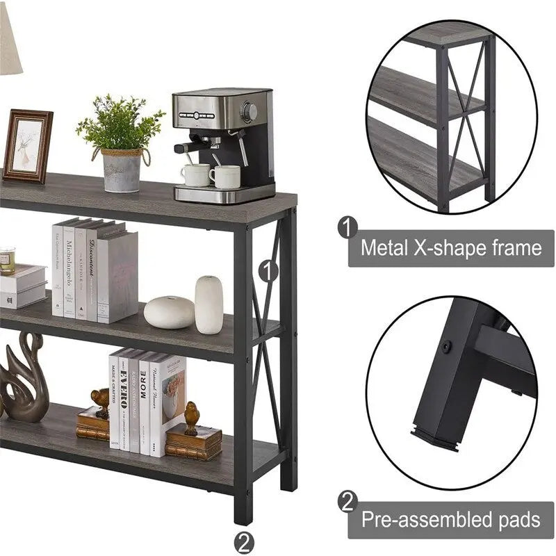 Console industrielle, chêne gris foncé / marron rustique, 3 étagères ouvertes