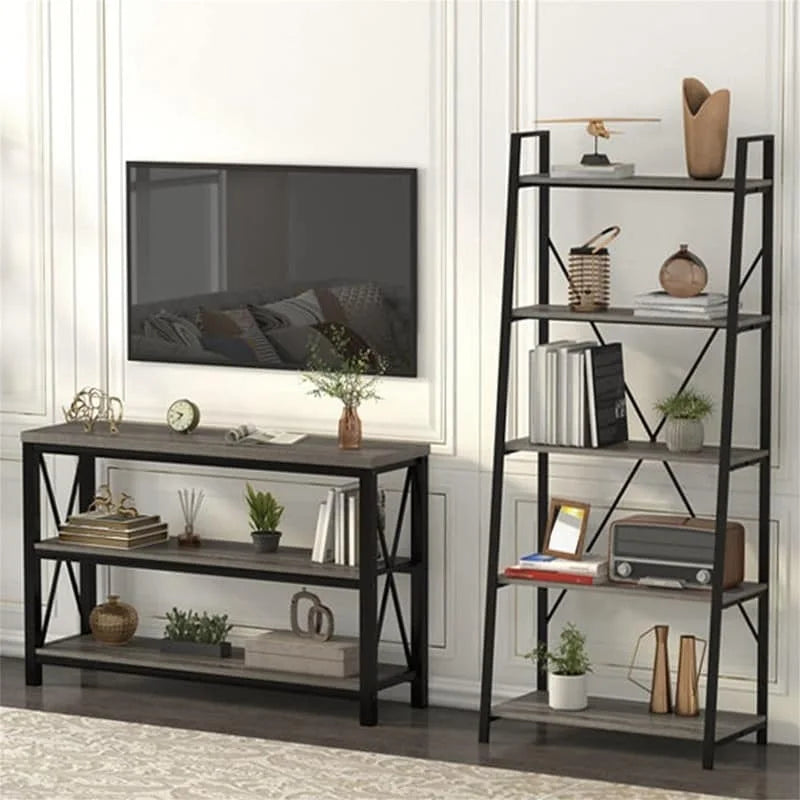 Console industrielle, chêne gris foncé / marron rustique, 3 étagères ouvertes