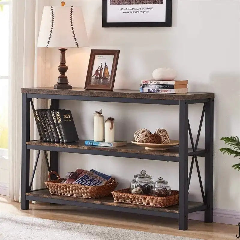 Console industrielle, chêne gris foncé / marron rustique, 3 étagères ouvertes