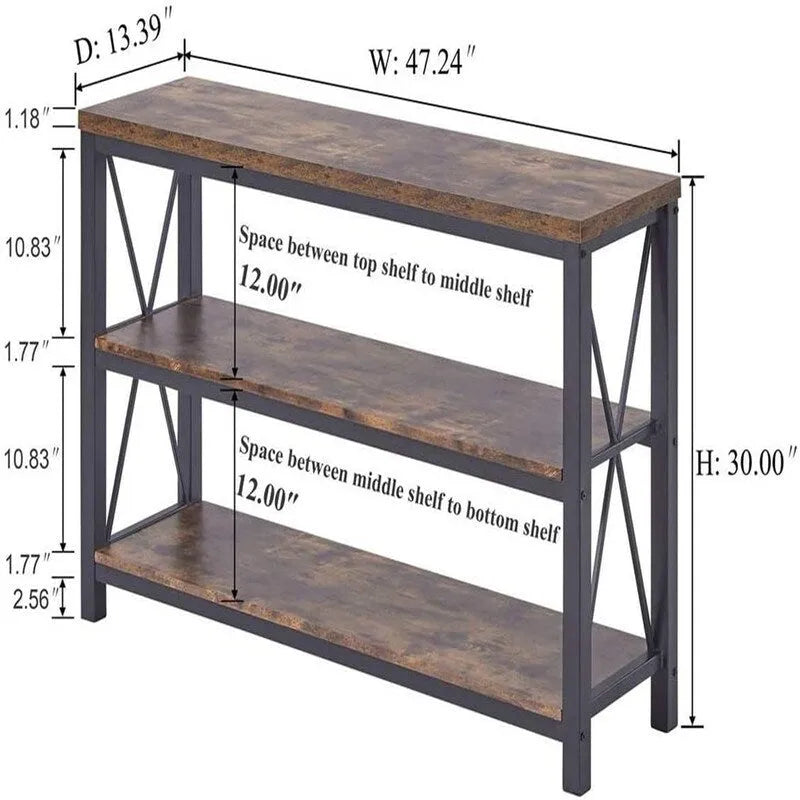 Console industrielle, chêne gris foncé / marron rustique, 3 étagères ouvertes