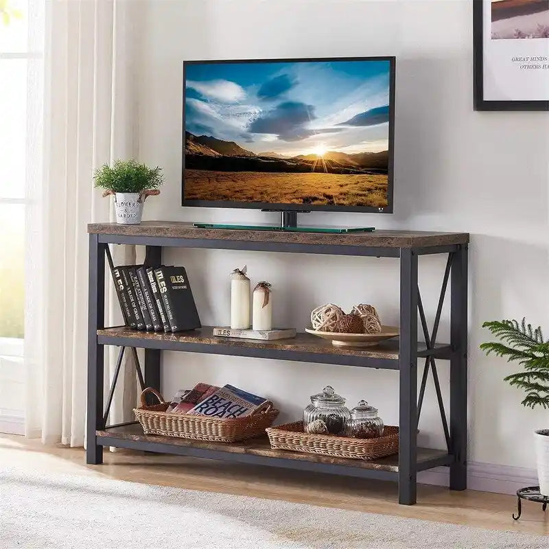 Console industrielle, chêne gris foncé / marron rustique, 3 étagères ouvertes