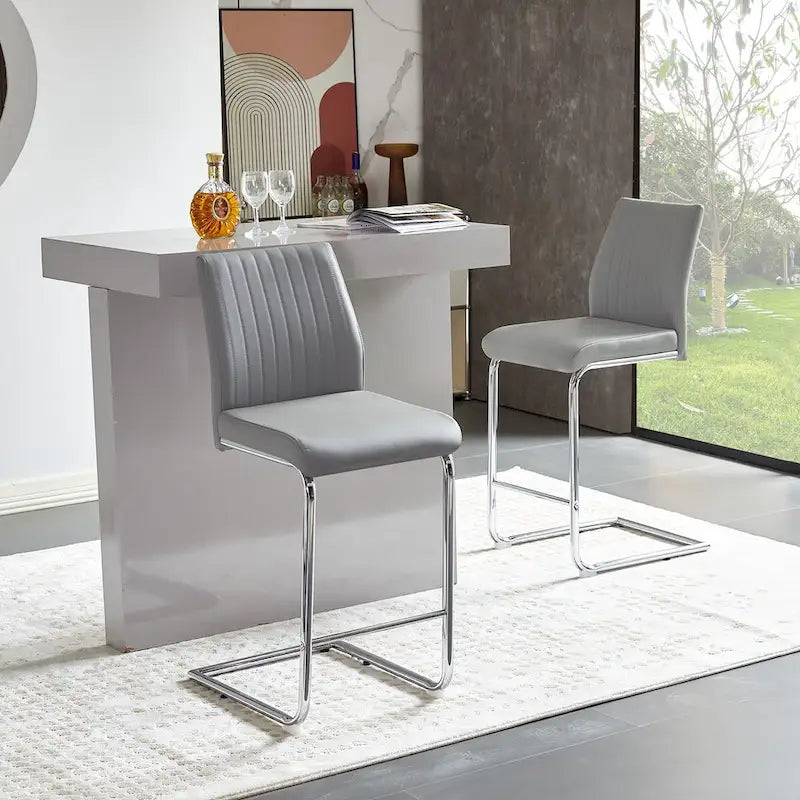 Tabouret de bar en cuir gris clair avec structure chromée – Lot de 2