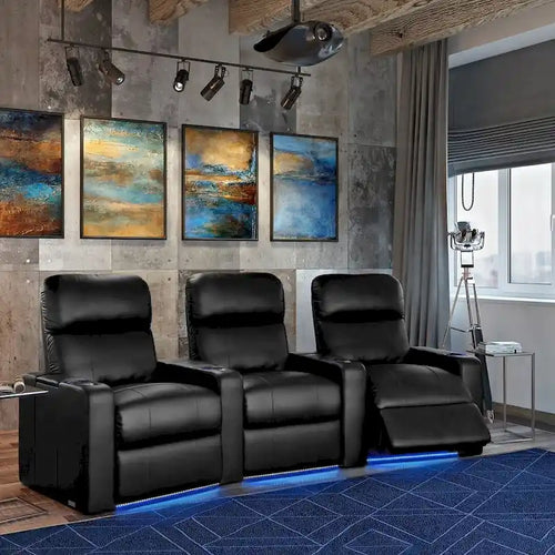 Sièges de cinéma maison en cuir reconstitué noir, rangée de 3